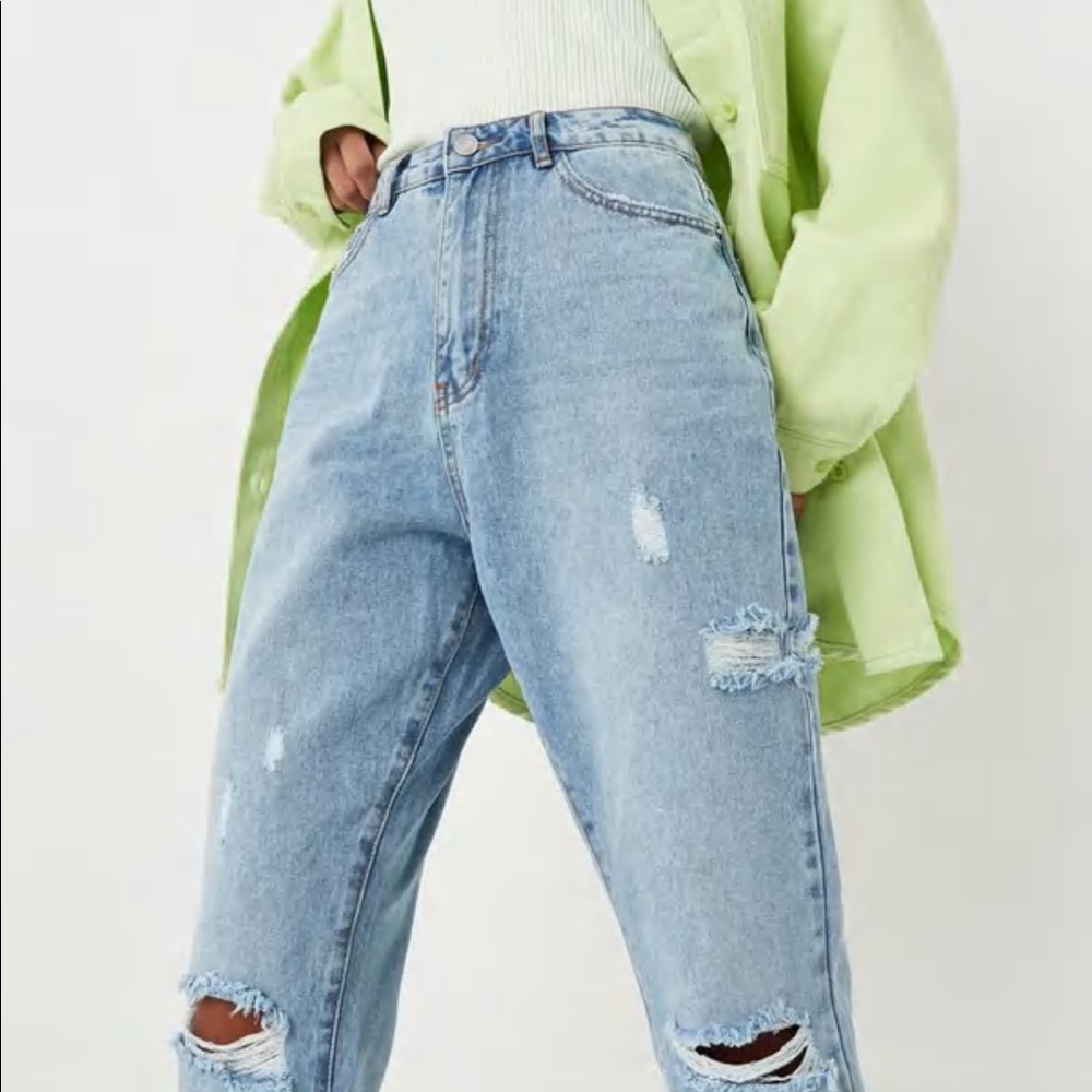 blue slim straight high waisted thigh slash jeans - Picture 2 of 7